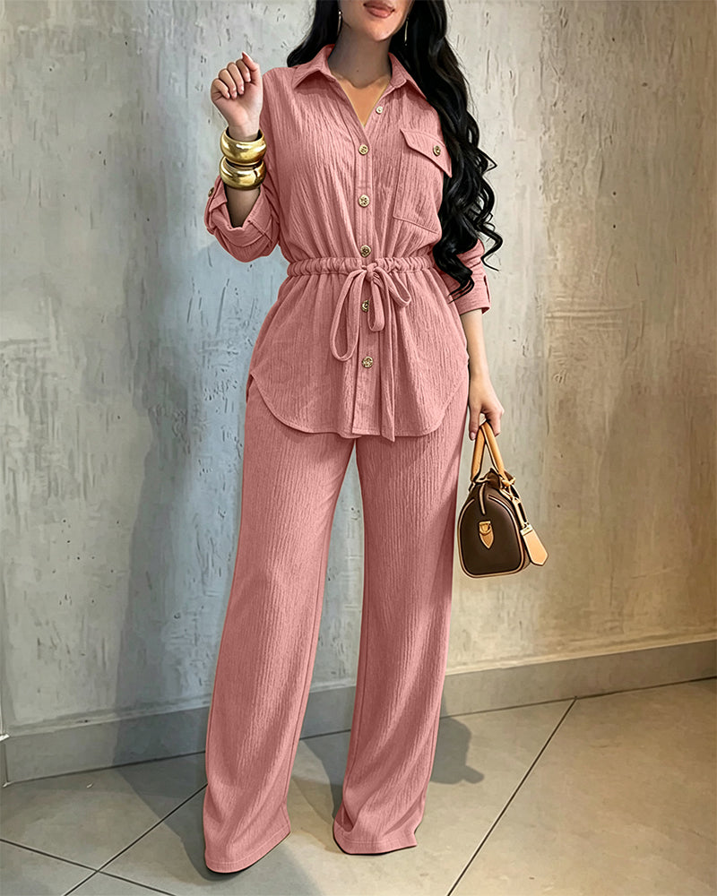 2 Pieces Outfit Vintage Turn-down Collar Roll Up Sleeve Button Front Flap Pocket Design Waist Drawstring Top and Elastic Waist Wide Leg Pants Set Casual Textured Commuting Set