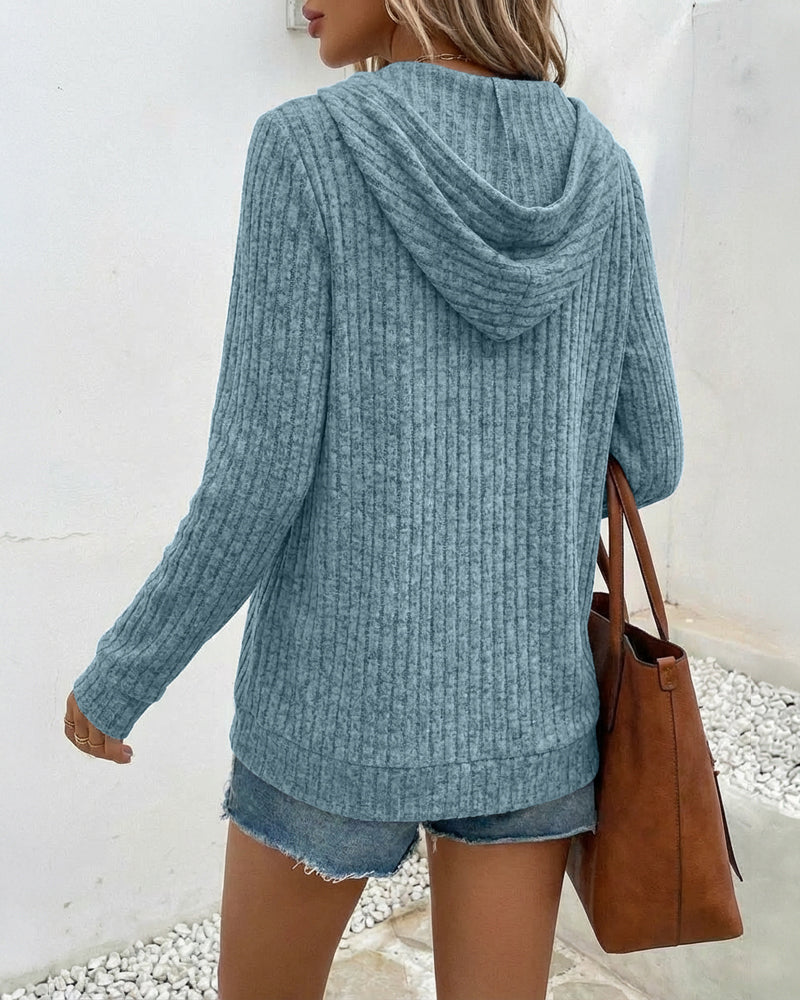 Long Sleeve Half Button Front Drawstring Hoodie Sweatshirt Casual Ribbed Brushed Top