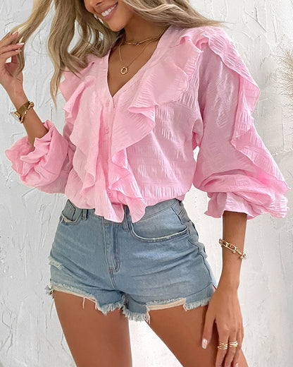 Ruffle Hem Long Sleeve Textured Blouse
