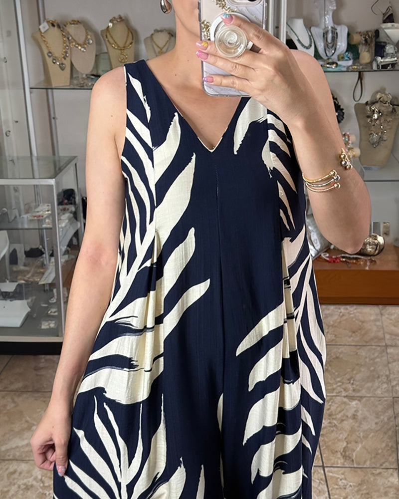 Tropical Plants Print V-Neck Sleeveless Zipper Back Overalls Casual Ruched Wide Leg Loose Fit Jumpsuit