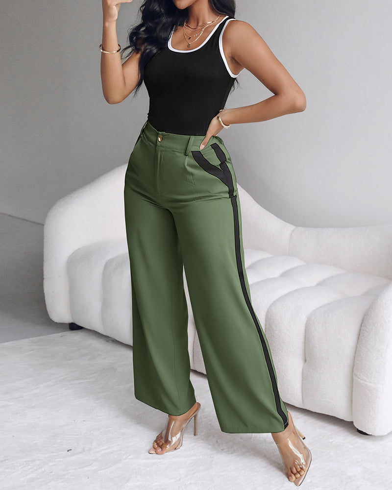 2 Piece Contrast Binding Sleeveless Slim Fit Tank Top and Striped Pants Sets Tracksuits Match Sets