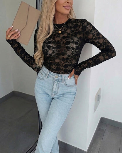 Women's Floral Lace Sheer Top Long Sleeve Crewneck Slim Fit Tee with Thumb Holes