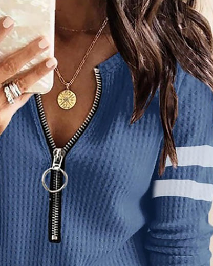 Striped Print Zipper Front Long Sleeve Top  Waffle Knit Loose Fitting Tunic Tops
