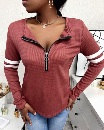 Striped Print Zipper Front Long Sleeve Top  Waffle Knit Loose Fitting Tunic Tops