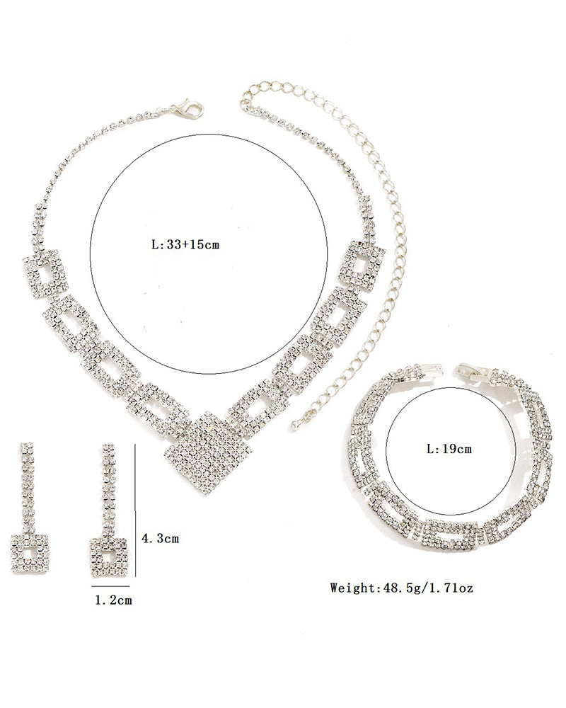 3PCS Allover Rhinestone Hollow Out Square Pendant Necklace & Drop Earrings & Bracelet Evening Party Wedding Jewelry Set