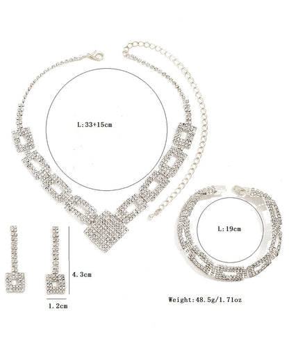 3PCS Allover Rhinestone Hollow Out Square Pendant Necklace & Drop Earrings & Bracelet Evening Party Wedding Jewelry Set