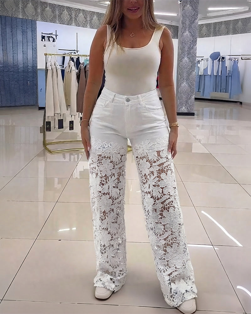 Guipure Lace Spliced High Waist Zipper Fly Wide Leg Washed Jeans