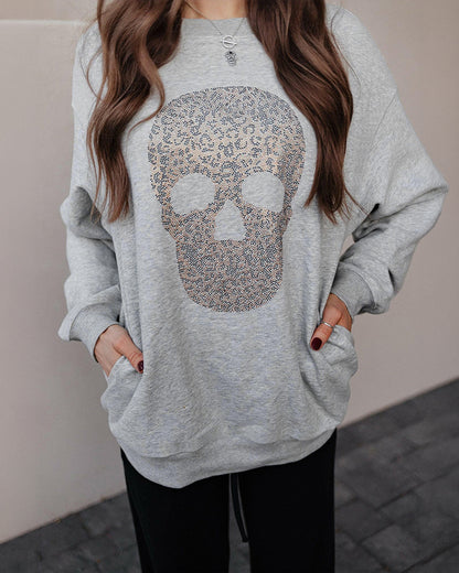 Women's Rhinestone Skull Graphic Loose Sweatshirt Drop Shoulder Crewneck Pullover Top