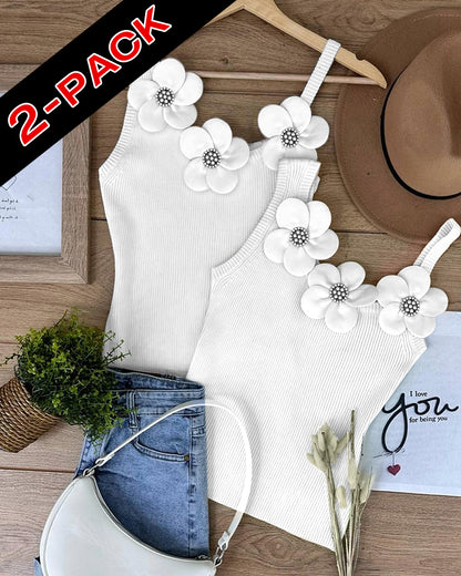 2 Pack Solid 3D Flower Tank Top Asymmetrical Neck Sleeveless Casual Ribbed Knit Camisole