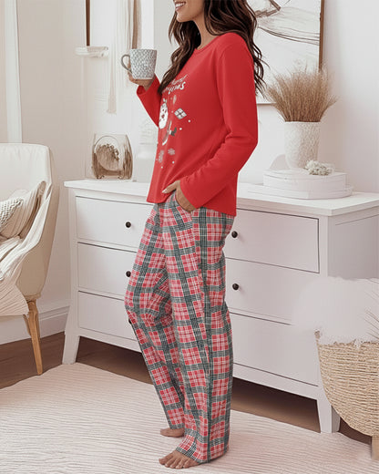 2 Piece Merry Christmas Cartoon Santa Claus Plaid Print Crewneck Pullover Top High Waist Pants Pajama Set