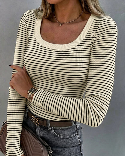 Women's Striped U-Neck Long Sleeve Slim Fit Ribbed Knit Top Casual Layering Top