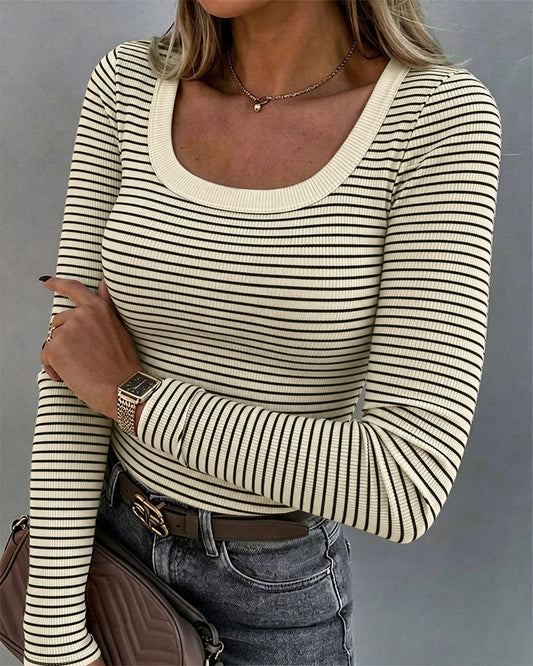 Women's Striped U-Neck Long Sleeve Slim Fit Ribbed Knit Top Casual Layering Top