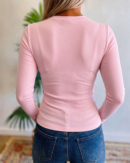 Women's Pearl Rhinestone Hollow-out Long Sleeve Ribbed Fitted Top