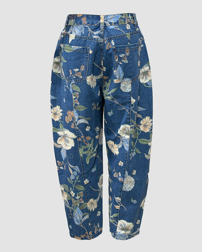 Women's Vintage Floral Printed Baggy Denim Pants Casual High Waisted Cropped Barrel Jeans