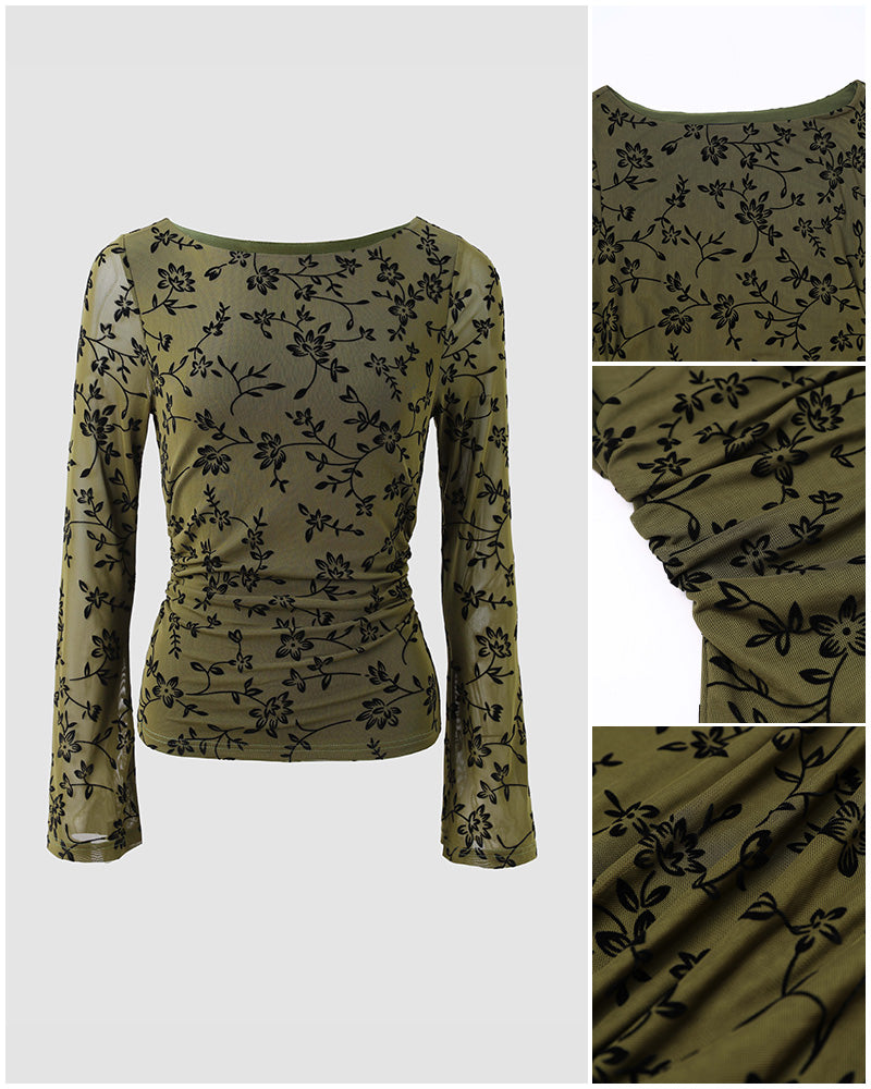 Women's Vintage Flocked Floral Mesh Top Boat Neck Ruched Flare Long Sleeve Tee