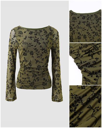 Women's Vintage Flocked Floral Mesh Top Boat Neck Ruched Flare Long Sleeve Tee