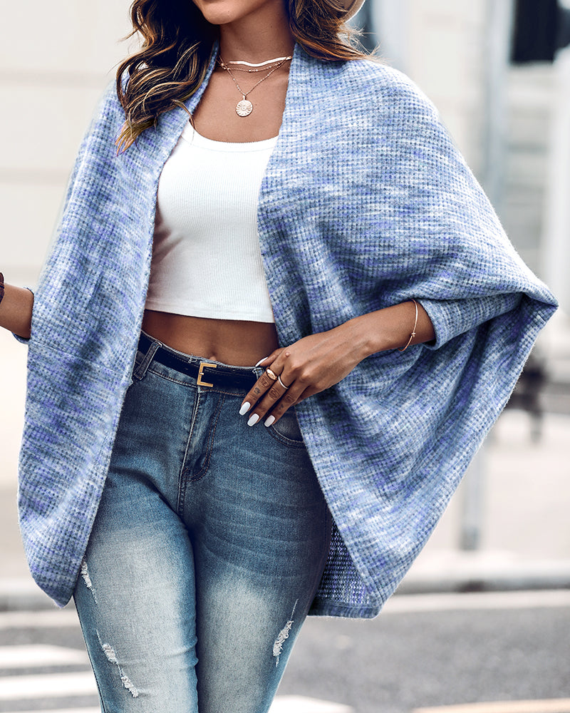 Colorful Waffle Knit Open Front Coat Batwing Long Sleeve Cardigan