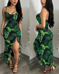 Women's Tropical Plants Cami Midi Dress Casual Rhinestone Mesh Vacation Dress Slit Ruffle Hem Sundress