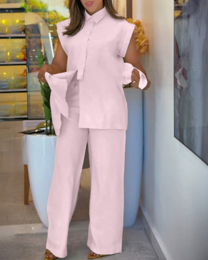 2 Pieces Outfit Turn-down Collar Cap Sleeve Button Front Tied Detail Top and Casual Zipper Fly Elastic Back Waist Wide-Leg Pants Set