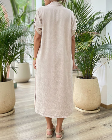 2 Pieces Outfit Turn-down Collar Roll Up Sleeve Button Front Side Slit Mid-length Shirt and Drawstring Elastic Waist Shorts Set Casual Textured Vacation Set