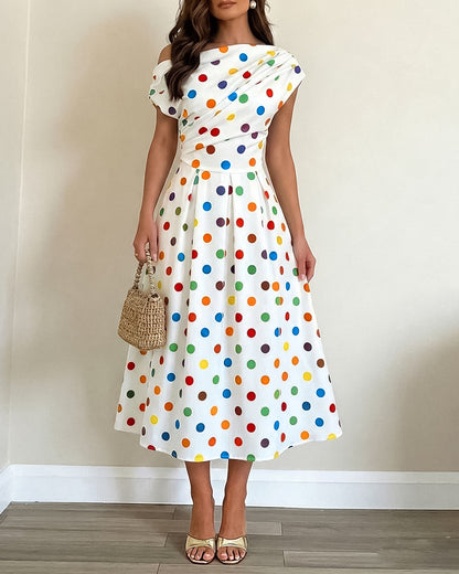 Women's Skew Neck Midi Dress Ruched Polka Dot Vacation Dress High Waisted A-Line Sundress with Pockets