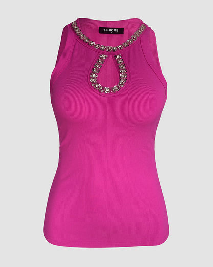 Rhinestone Contrast Sequin Keyhole Neck Sleeveless Slim Fit Elasticity Ribbed Top Elegant Tank