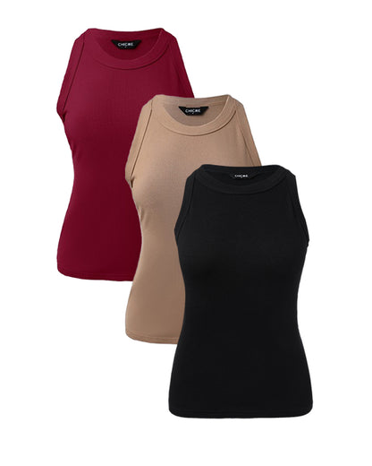 3 Pack Knit Round Neck Thick Strap Racerback Tank Tops(Without Pads)