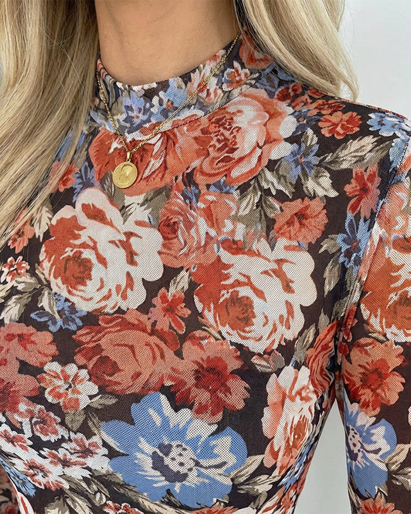 Vintage Allover Oil Painting Floral Print Mock Neck Long Sleeve Tee Slim Fit Frill Cuffs Sheer Mesh Layering Top with Thumb Hole Cuffs