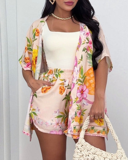 2 Pieces Outfit Open Front Side Slit Cardigan and Elastic Waist Tie Front Shorts Set Casual Floral & Pineapple Print Vacation Set