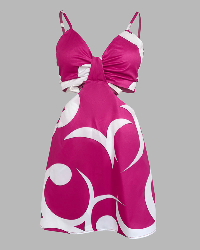 Floral Print Deep V-Neck Adjustable Spaghetti Straps Romper Casual Tied Back Cutout Slim Fit Skort Romper