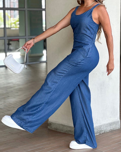 Plain V-Neck Spaghetti Strap Jumpsuit with Pockets Casual Back Shirred Wide Leg Romper