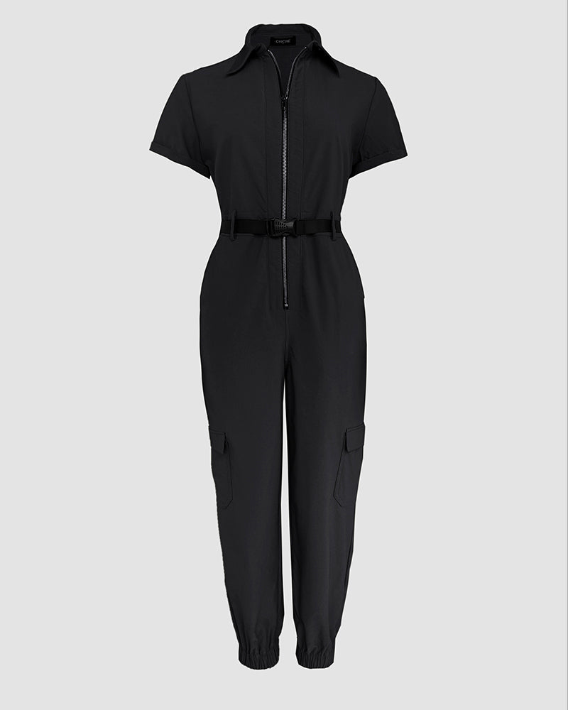 Turn-down Collar Short Sleeve Zipper Front Cuffed Short Jumpsuit Casual Pocket Design Cargo Romper with Belt