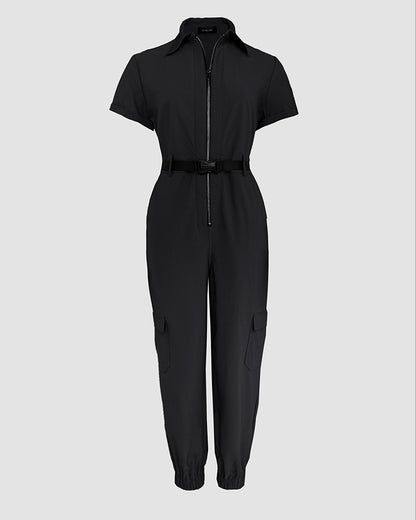 Turn-down Collar Short Sleeve Zipper Front Cuffed Short Jumpsuit Casual Pocket Design Cargo Romper with Belt