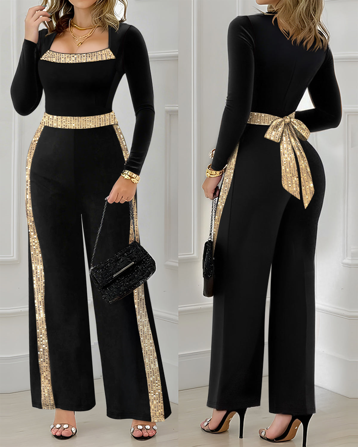 Sequin Bowknot Decor Contrast Sequin Paneled Square Neck Long Sleeve Jumpsuit Casual Cinched Waist Wide Leg Jumpsuit