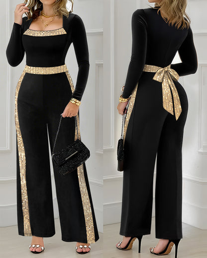 Sequin Bowknot Decor Contrast Sequin Paneled Square Neck Long Sleeve Jumpsuit Casual Cinched Waist Wide Leg Jumpsuit