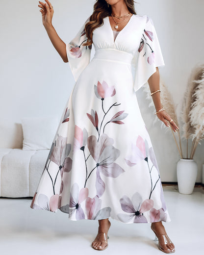 Floral Placement Print Deep V Neck Bell Sleeve Vacation Dress Casual Zipper Back Cinched Waist Maxi Dress With Lining