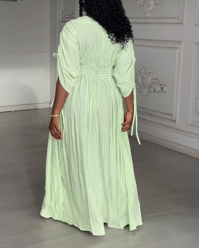 Striped V-Neck Drawstring Sleeve Shirred Waist Maxi Dress Casual Cinched Waist Zipper Back Vacation Dress