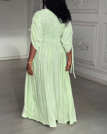 Striped V-Neck Drawstring Sleeve Shirred Waist Maxi Dress Casual Cinched Waist Zipper Back Vacation Dress