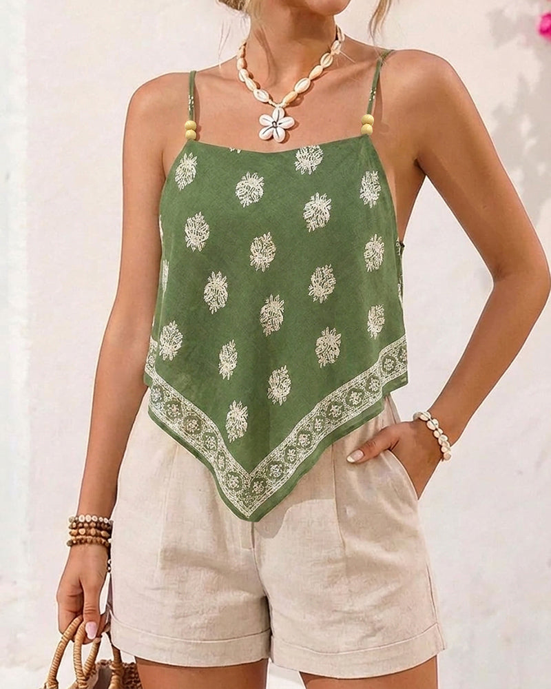 Women's Bohemian Retro Print Cami Top Adjustable Spaghetti Strap Square Neck Tank Backless Tied Detail Vacation Beaded Top