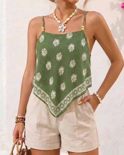 Women's Bohemian Retro Print Cami Top Adjustable Spaghetti Strap Square Neck Tank Backless Tied Detail Vacation Beaded Top