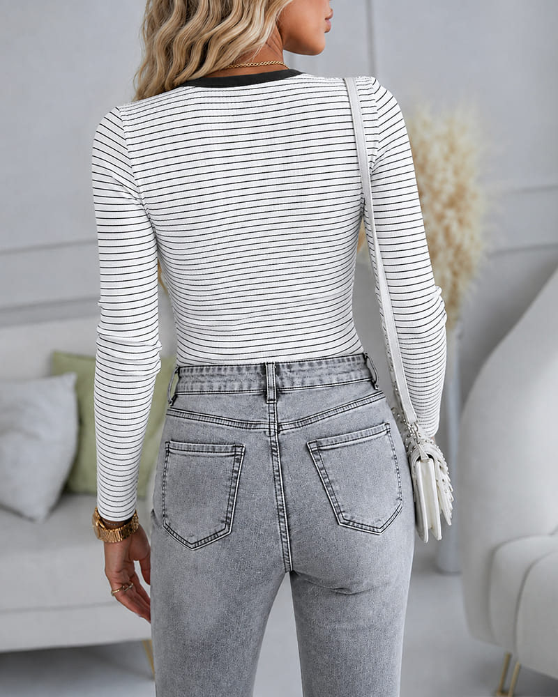 Women's Striped Henley Ribbed Long Sleeve Top Slim Fit Tee