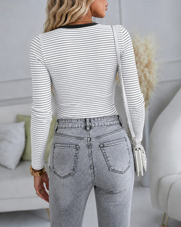 Women's Striped Henley Ribbed Long Sleeve Top Slim Fit Tee