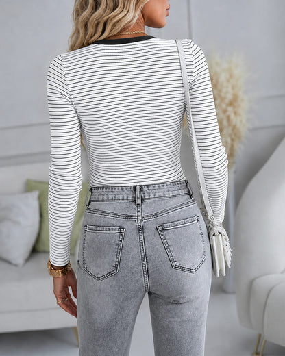 Women's Striped Henley Ribbed Long Sleeve Top Slim Fit Tee