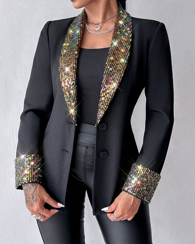 Women's Sequin Shawl Collar Long Sleeve Single Breasted Blazer