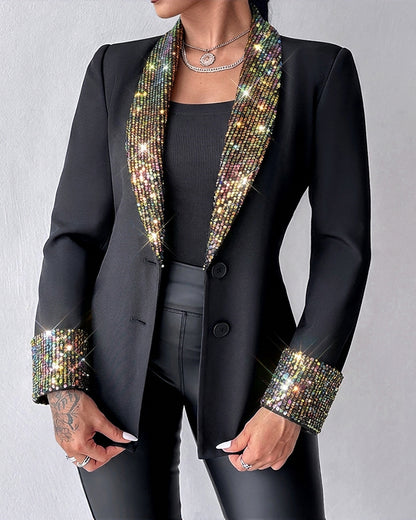 Women's Sequin Shawl Collar Long Sleeve Single Breasted Blazer