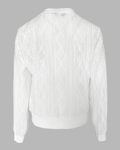 Jacquard & Diamond Pattern Design Hollow-out Lightweight Baseball Coat Casual Zip Up Bomber Jacket