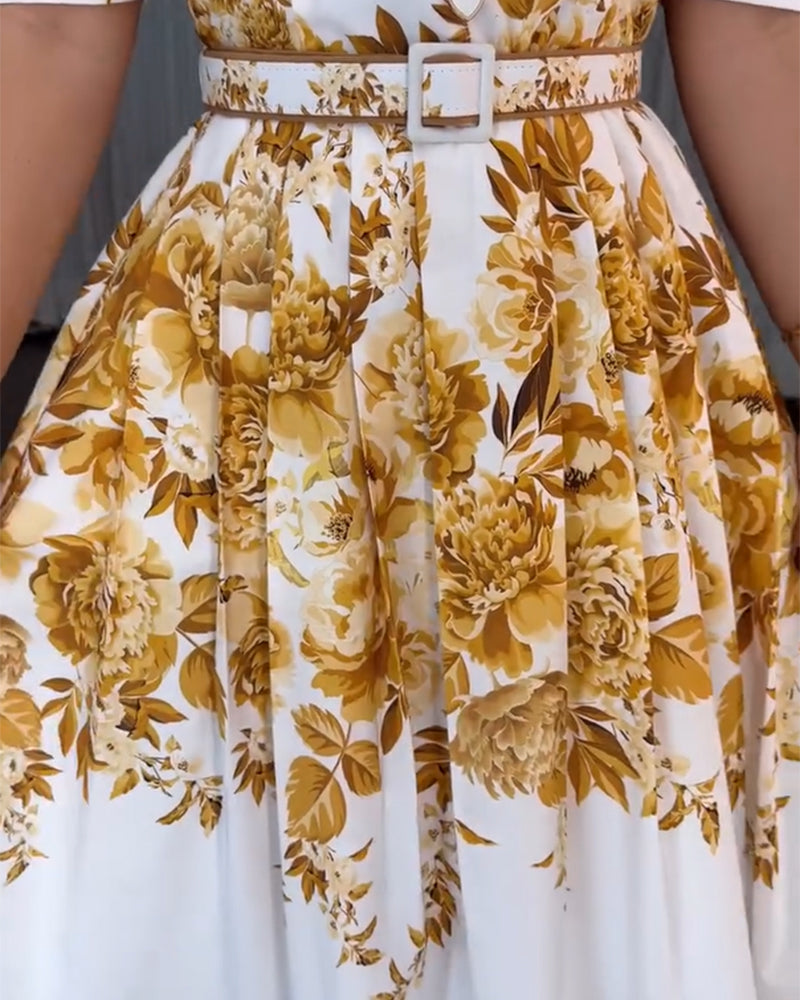 Floral Print Square Neck Puff Sleeve Pleated Front Dress Heart Button Decor Shirred Back Cinched Waist Vacation Dress with Belt