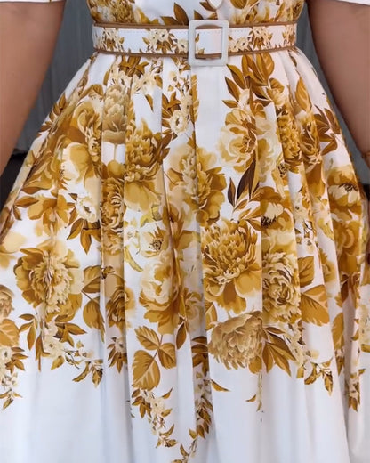 Floral Print Square Neck Puff Sleeve Pleated Front Dress Heart Button Decor Shirred Back Cinched Waist Vacation Dress with Belt