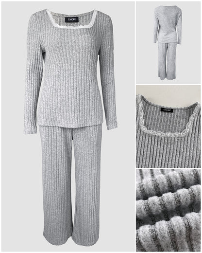 Women's Ribbed Knit Lounge Set Lace Trim Square Neck Long Sleeve Top and Straight Leg Drawstring Pants with Pockets