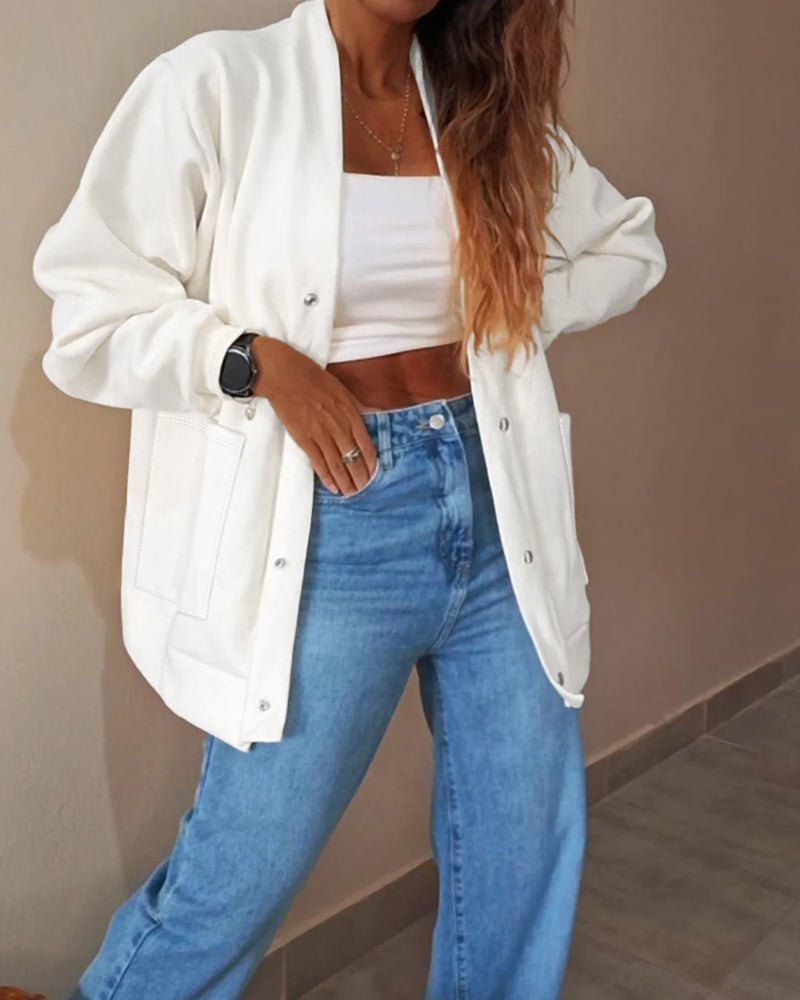 Women's Casual Loose Cardigan V Neck Snap Button Down Jacket Drop Shoulder Coat with Pockets